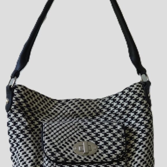 Talbots black & white Houndstooth fabric Bucket bag, Leather handles & trim, VGC - Picture 12 of 14